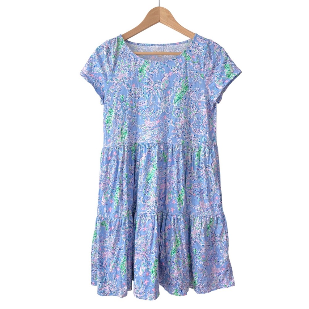 Lilly Pulitzer Geanna Tiered T-Shirt Dress Blue Tropical Tiger Palm Print‎ Small - Picture 2 of 8